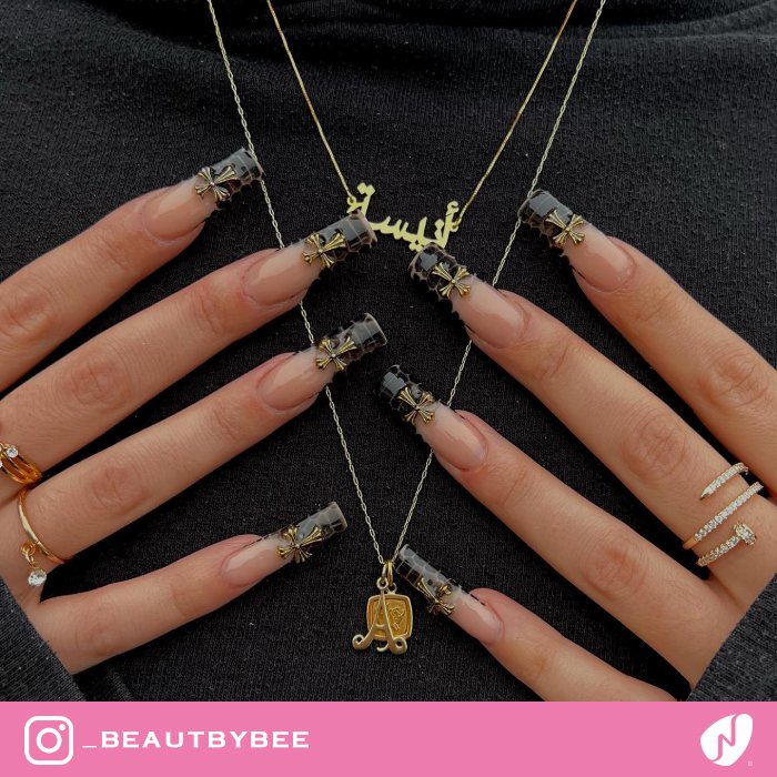 French Nails with Cross Charms